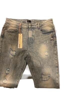 Reason Brand Distressed Rip & Repair Slim Fit Jeans Acid Wash Blue